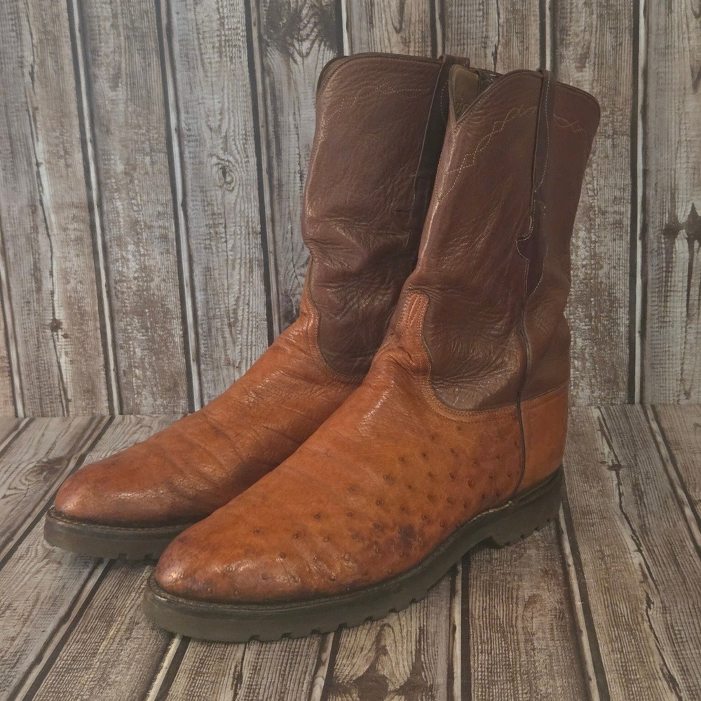 Sz 10 D Mens Lucchese Full Quill Ostrich Brown Western Cowboy Roper Boots VGUC